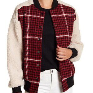 Ro & De Faux Shearling Plaid Bomber Varsity Jacket Small Cozy Textured Statement
